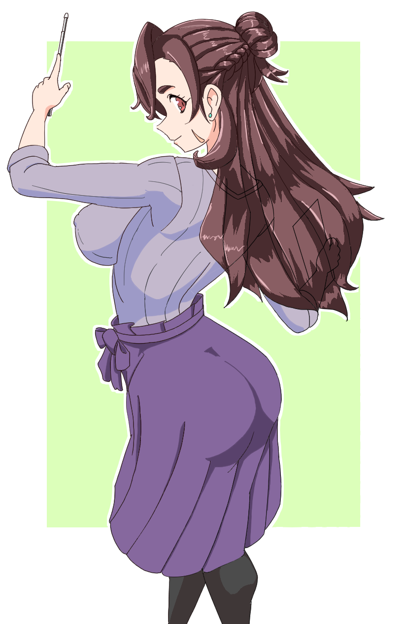 1girl, asou_gouka, ass, breasts, brown_hair, choukou_(alicesoft), choukou_taisen_escalation_heroines, covered_erect_nipples, facial_mark, highres, holding, holding_pointer, large_breasts, long_hair, looking_at_viewer, looking_back, pointer, purple_skirt, purple_sweater, red_eyes, skirt, smile, sweater, yashi_(user_hdwu4284)