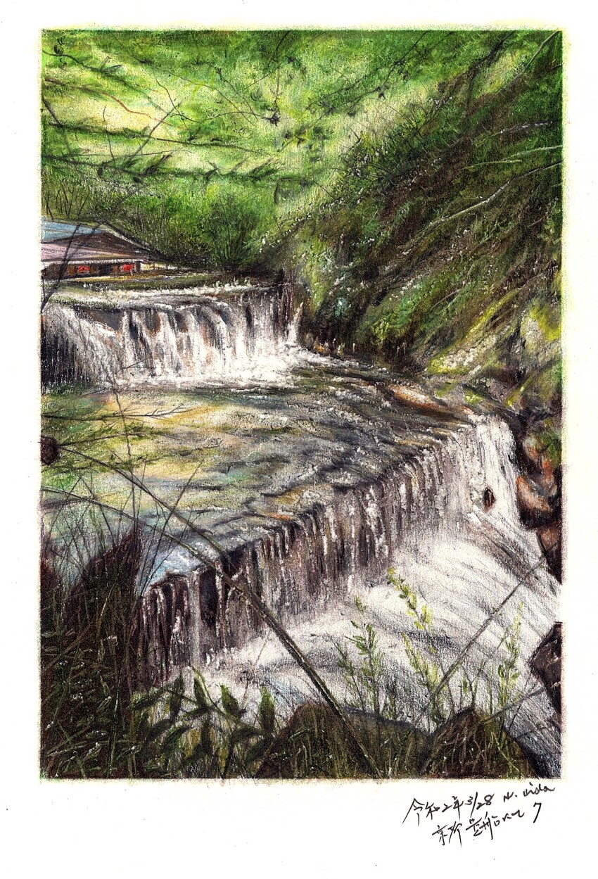absurdres, baden_hiroshi, border, colored_pencil_(medium), commentary_request, dated, day, highres, kyoto, no_humans, original, outdoors, real_world_location, river, scenery, traditional_media, water, waterfall, white_border