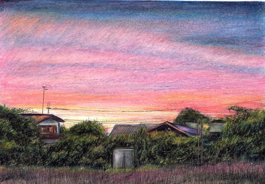 baden_hiroshi, building, colored_pencil_(medium), commentary_request, evening, gradient_sky, highres, making-of_available, no_humans, original, outdoors, power_lines, scenery, sky, sky_focus, traditional_media