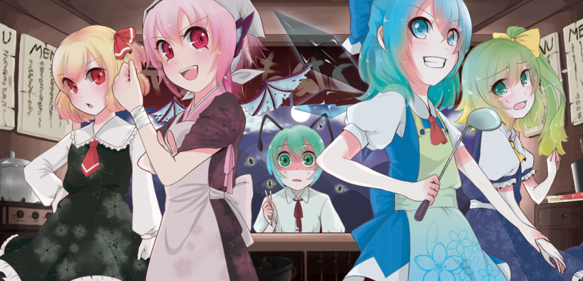 5girls, antennae, apron, ascot, bad_id, bad_pixiv_id, blonde_hair, blue_eyes