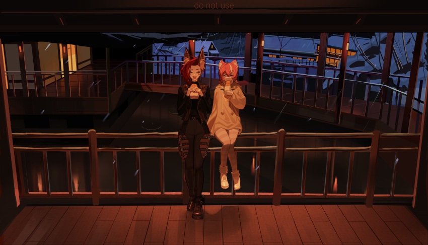 2girls, absurdres, against_railing, animal_ears, bare_tree, belt, black_jacket, black_shirt