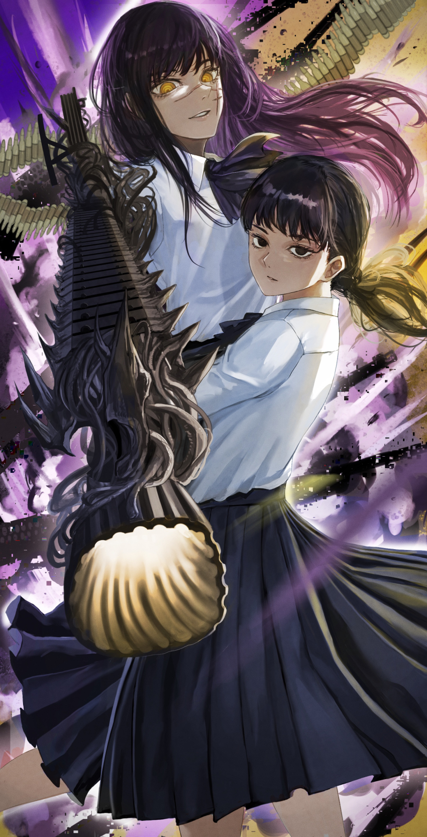 2girls, absurdres, ammunition_belt, black_eyes, black_hair, black_skirt, bullet, chainsaw_man