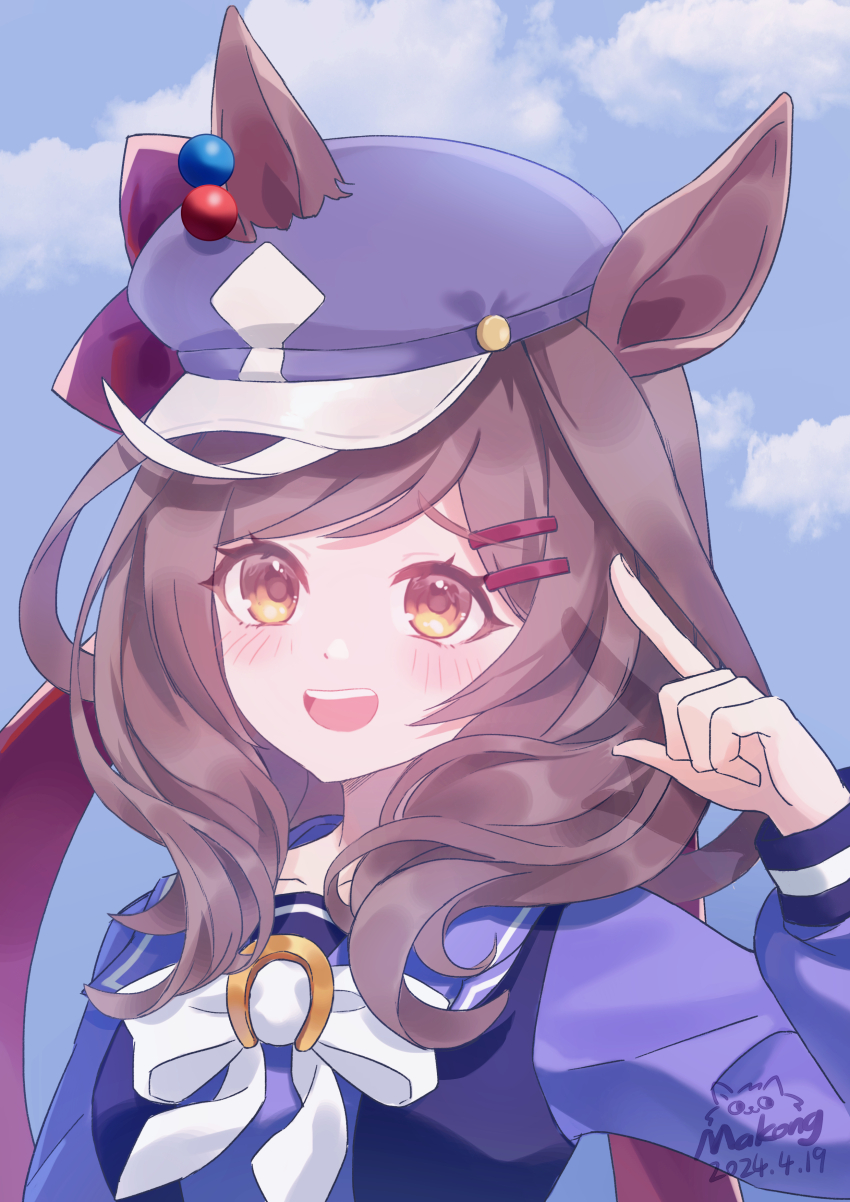 1girl, absurdres, animal_ears, blue_hat, brown_hair, ear_covers, ear_ornament, ears_through_headwear