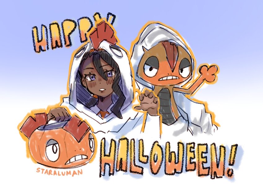 1boy, artist_name, basket, black_hair, collared_shirt, colored_skin, cosplay, cropped_torso, dark-skinned_male, dark_skin, dot_pupils, english_text, gen_5_pokemon, hands_in_pockets, happy_halloween, highres, holding, holding_basket, lizard, mega_pokemon, mega_scrafty, mega_scrafty_(cosplay), mohawk, naveen_(pokemon), nintendo, nostrils, orange_skin, pants, pokemon, pokemon_(creature), pokemon_legends:_z-a, purple_eyes, red_hair, sagging_pants, scrafty, shedding, shedding_skin, shirt, stardaroi, teeth, torn_clothes, torn_hood, torn_pants, white_hood, white_pants, white_shirt