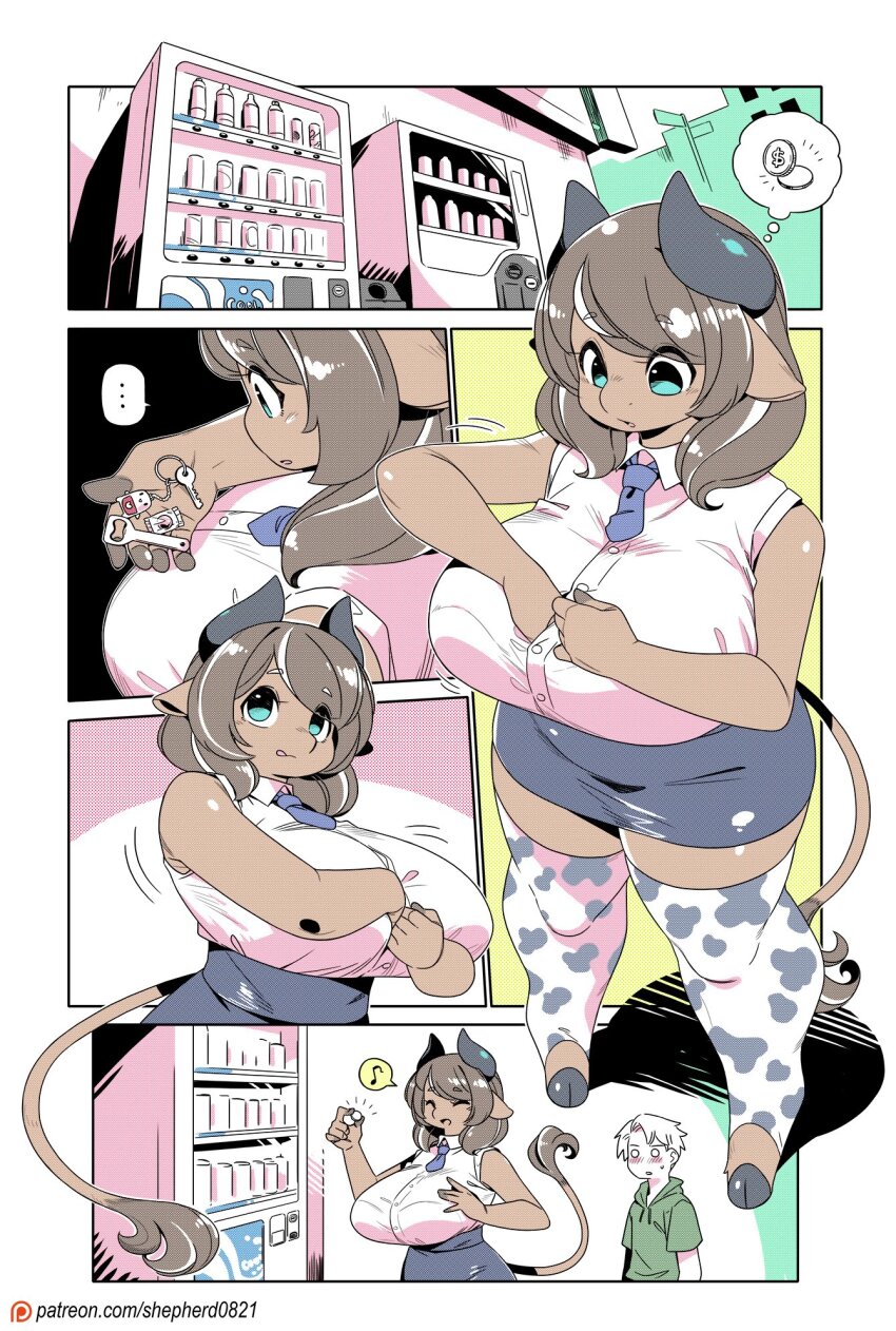 ..., 1boy, 1girl, animal_ears, animal_print, breasts, commentary, cow_ears