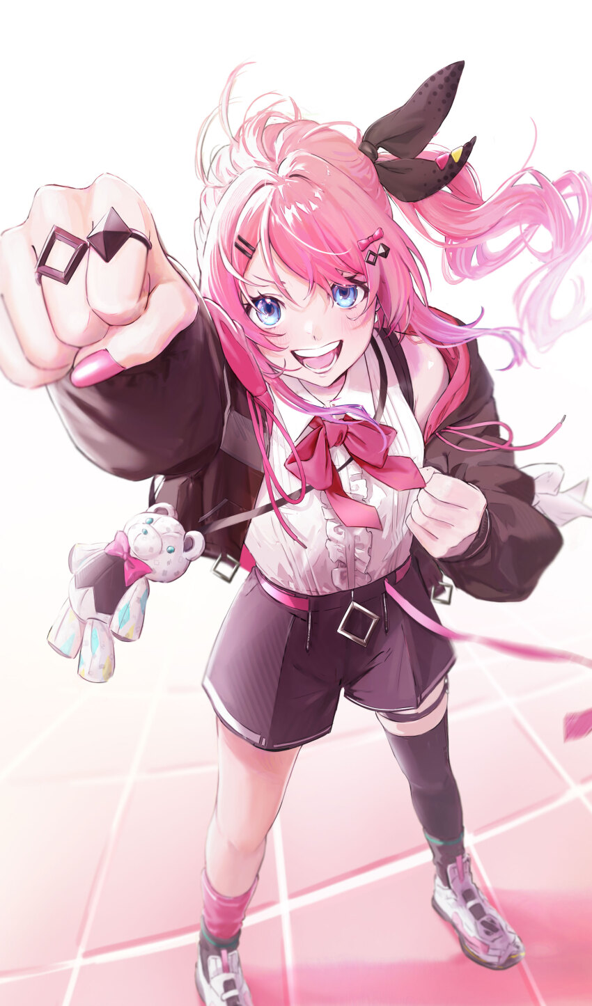 1girl, absurdres, arm_up, belt, black_hoodie, black_ribbon, black_shorts, black_socks, black_thighhighs, blue_eyes, blush, bow, bowtie, center_frills, clenched_hand, commentary, fingernails, frilled_shirt, frills, hair_bow, hair_ornament, hair_ribbon, hair_rings, hairclip, highres, hood, hoodie, kuramochi_meruto, kuramochi_meruto_(1st_costume), long_hair, long_sleeves, looking_at_viewer, mismatched_socks, nail_polish, nijisanji, open_mouth, pink_belt, pink_bow, pink_bowtie, pink_hair, pink_nails, pink_socks, rene_(kuramochi_meruto), ribbon, sabae_38, shirt, shoes, shorts, side_ponytail, single_thighhigh, sleeveless, sleeveless_shirt, smile, sneakers, socks, socks_over_thighhighs, solo, teeth, thigh_strap, thighhighs, thighs, tile_floor, tiles, virtual_youtuber, white_shirt, white_shoes