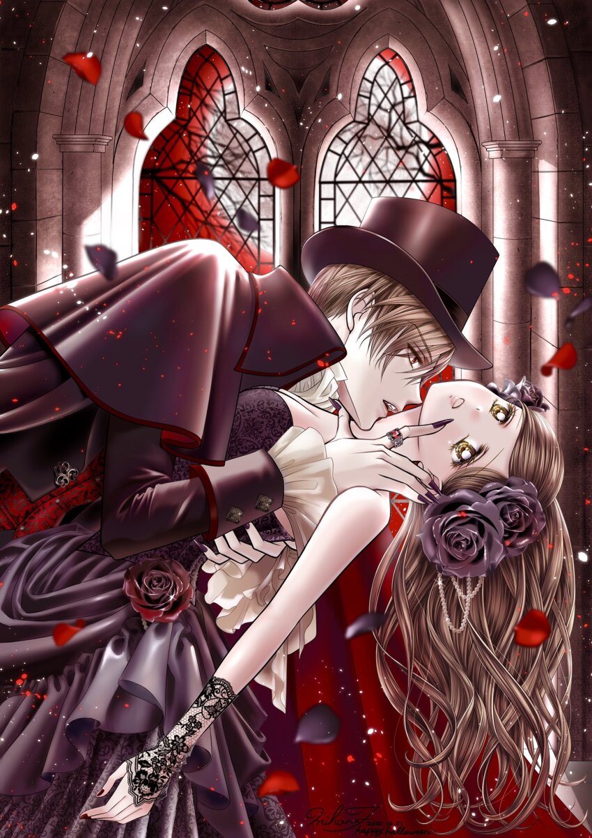 1boy, 1girl, 2020, artist_name, bare_shoulders, black_flower, black_petals, black_rose