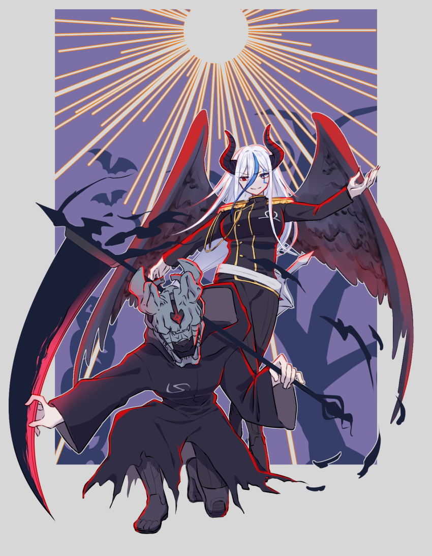 1boy, 1girl, 201_(yield), addamaque, black_coat, black_jacket, black_wings, blue_streaks