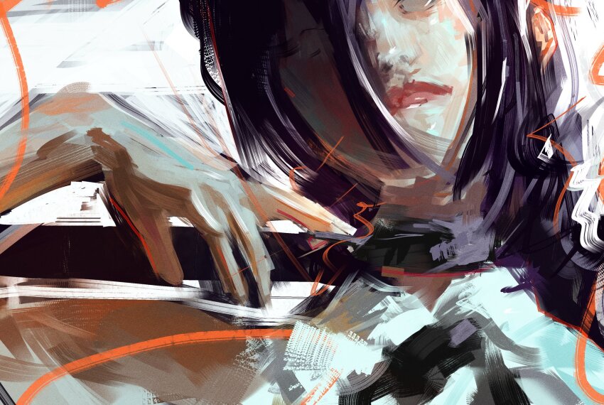 1girl, black_choker, black_ribbon, chainsaw_man, choker, closed_mouth, grenade_pin, hair_between_eyes