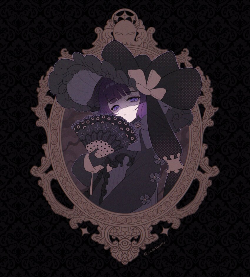 1girl, alternate_costume, black_background, black_bonnet, black_dress, black_gloves, black_hat, black_veil