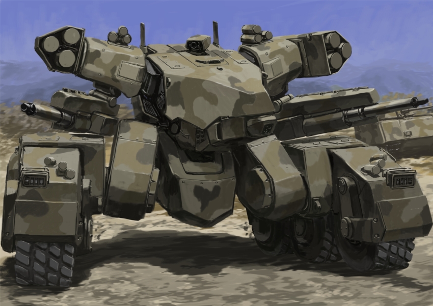 1other, blue_sky, camouflage, caterpillar_tracks, highres, mecha, military, military_vehicle