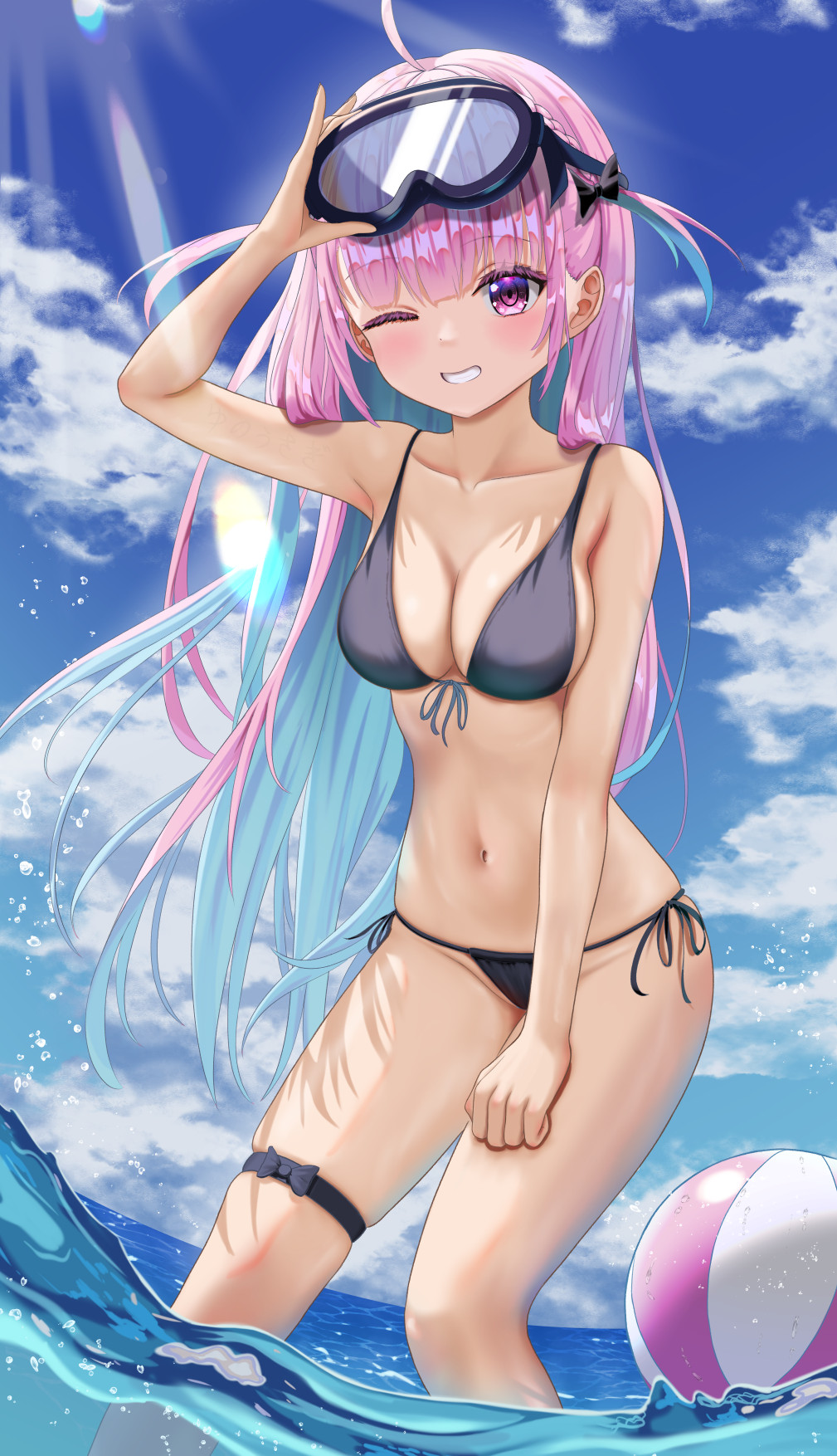 1girl, aqua_hair, ball, bare_shoulders, beachball, bikini, black_bikini, black_bow
