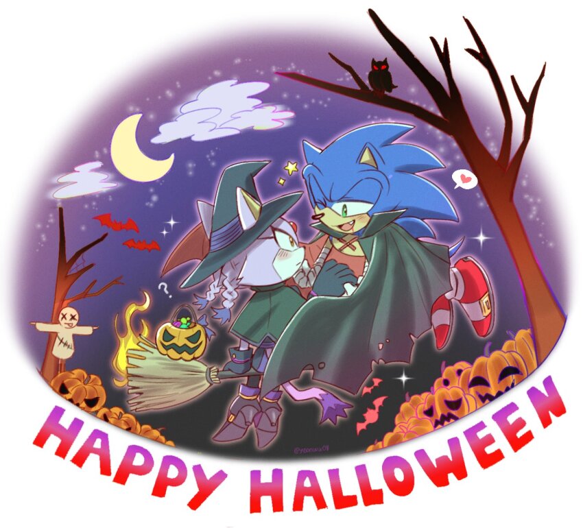 1boy, 1girl, animal_ears, blaze_the_cat, blaze_the_cat_(witch), blush, broom, broom_riding, cat_ears, cat_girl, cat_tail, crescent_moon, fire, furry, furry_female, furry_male, green_eyes, halloween, halloween_costume, happy_halloween, hat, heart, highres, moon, night, pumpkin, sonic_(series), sonic_the_hedgehog, spoken_heart, tail, vampire_costume, witch, witch_hat, yellow_eyes, yeonwu08