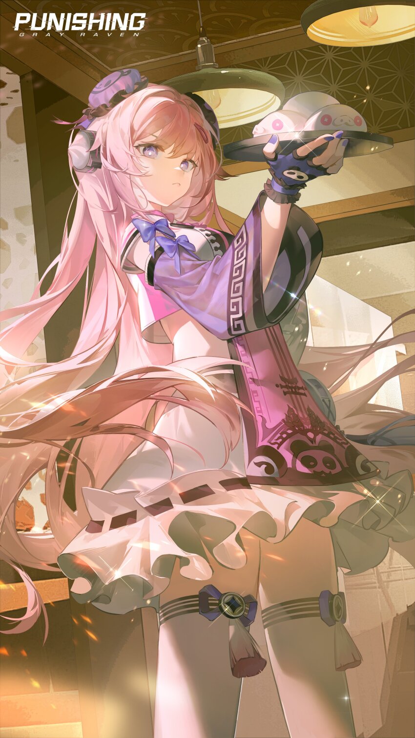 1girl, absurdres, animal_print, arm_up, bear_print, bow, bright_pupils, bun_cover, ceiling_light, closed_mouth, commentary, copyright_name, cowboy_shot, crop_top, cropped_shirt, detached_sleeves, english_commentary, fingerless_gloves, food, frilled_gloves, frilled_sleeves, frills, from_side, gloves, hair_ornament, headphones, highres, holding, holding_tray, indoors, long_hair, long_sleeves, looking_at_viewer, official_alternate_costume, official_art, panda_print, pink_hair, punishing:_gray_raven, purple_bow, purple_eyes, purple_gloves, purple_nails, purple_sleeves, purple_tabard, shirt, skirt, sleeves_past_wrists, solo, standing, steamed_bun, tabard, tassel, teddy:_decryptor_(blush_of_daybreak)_(pgr), teddy:_decryptor_(pgr), teddy_(pgr), thighhighs, tray, very_long_hair, wavy_hair, white_pupils, white_shirt, white_skirt, white_thighhighs
