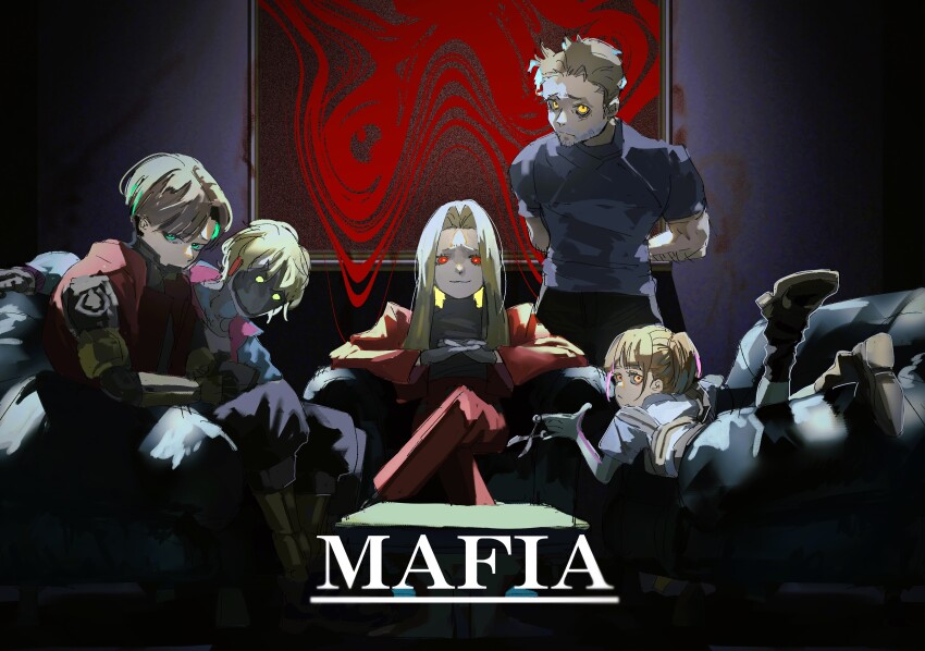 2girls, 3boys, absurdres, alice_santorini, arms_behind_back, beard_stubble, blonde_hair, brown_hair, closed_mouth, crossed_legs, facial_hair, green_eyes, highres, jane_dawes_(milky_galactic_universe), jason_kreuger, kurt_cramer, looking_at_viewer, lying, mafia_(vocaloid), max_mccalister, mechanical_arms, metal_jaw, milky_galactic_universe, multiple_boys, multiple_girls, no_mouth, on_stomach, shirt, sitting, smile, stubble, t-shirt, tenn_binn, turtleneck, yellow_eyes