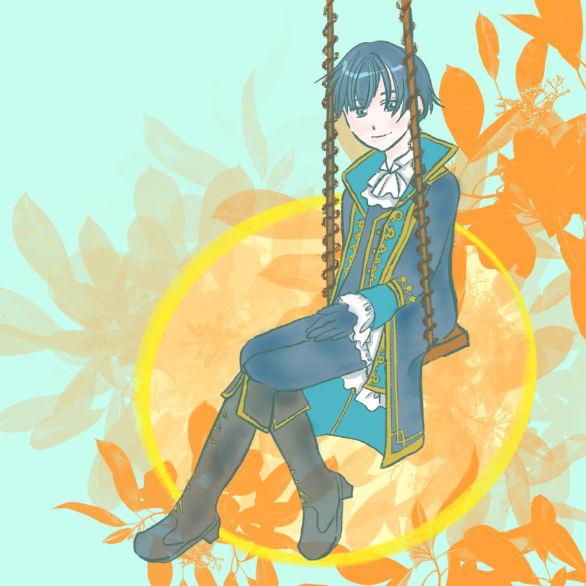 1boy, baron_munchausen_(grimms_notes), blue_coat, blue_hair, blue_pants, boots, coat, full_body