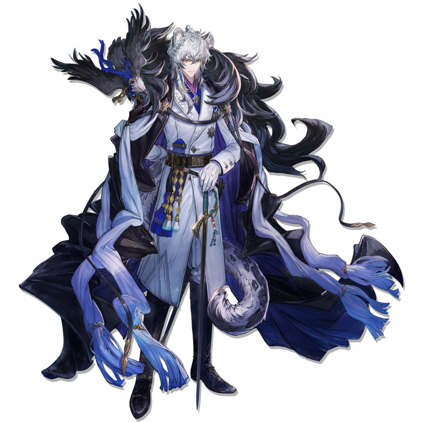 >:), 1boy, animal, animal_ears, arknights, bird, bishounen, black_cape