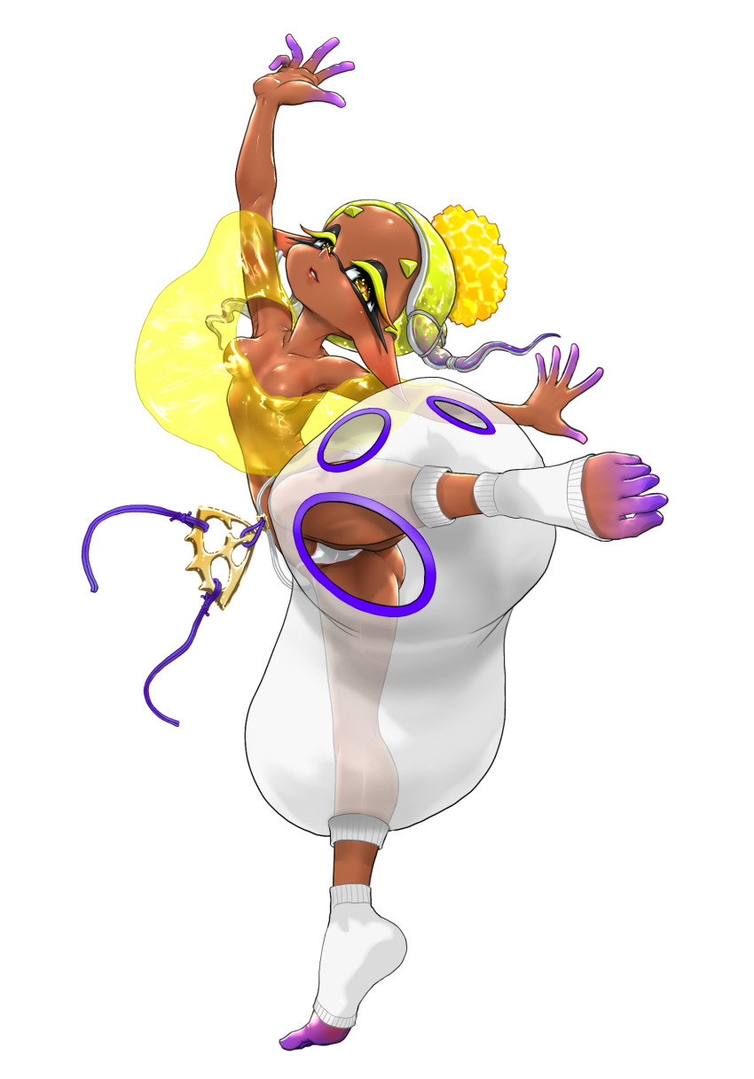 1girl, arm_up, ass, belt, blonde_hair, breasts, charm_(object), chinese_commentary