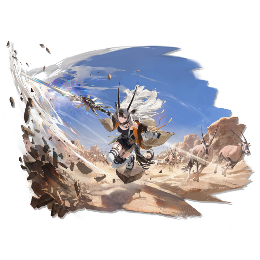 1girl, animal_ears, arknights, black_skirt, chest_harness, coat, grey_eyes, grey_hair