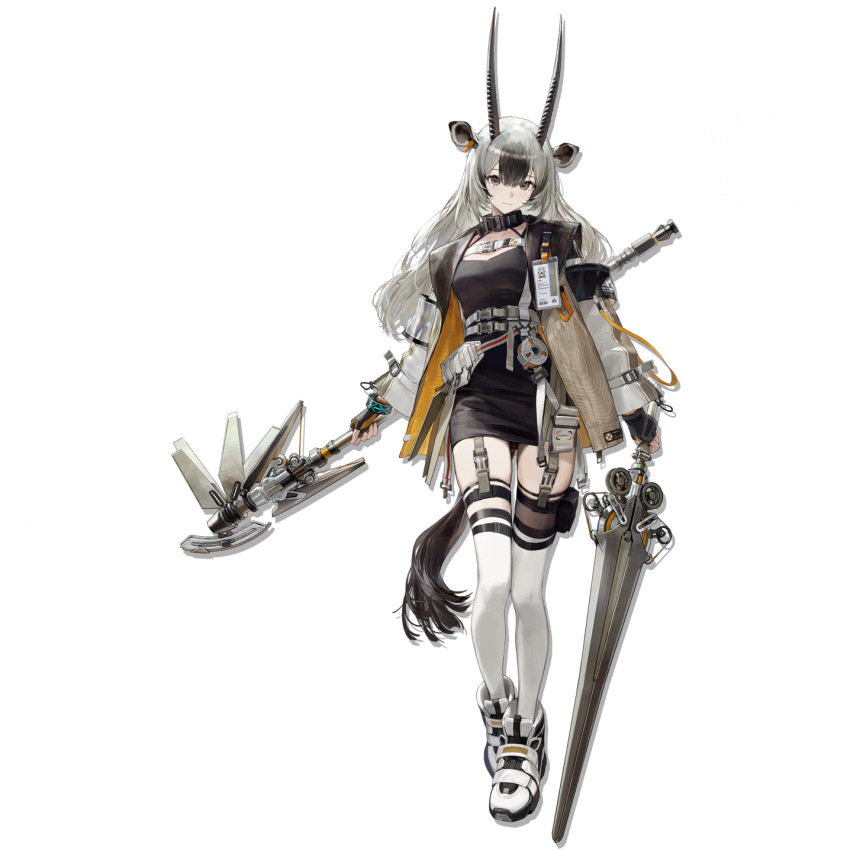 1girl, animal_ears, arknights, black_skirt, chest_harness, coat, full_body, grey_eyes, grey_hair, hadiya_(arknights), harness, highres, holding, holding_weapon, horns, long_hair, matsuo_shogo, multicolored_hair, official_art, open_clothes, open_coat, pencil_skirt, pouch, sheep_horns, simple_background, skirt, solo, standing, tachi-e, tail, thigh_pouch, thighhighs, third-party_source, transparent_background, two-tone_hair, weapon, white_thighhighs