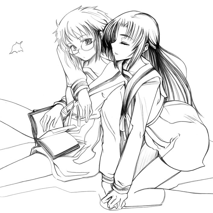 00s, 2girls, asakura_ryoko, book, closed_eyes, glasses, greyscale, holding_hands