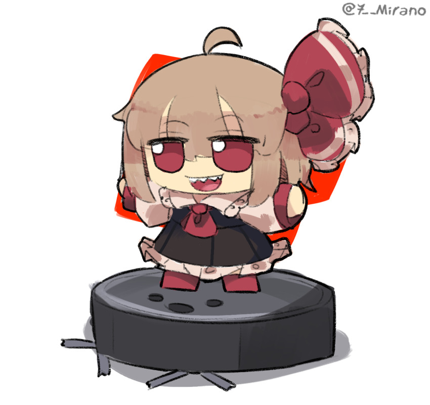 1girl, 7-mirano, ahoge, antennae, ascot, black_vest, blonde_hair, cleaning, fumo_(doll), hair_between_eyes, hair_ribbon, highres, non-humanoid_robot, outstretched_arms, red_ascot, red_eyes, red_ribbon, ribbon, riding_vacuum_cleaner, robot, robotic_vacuum_cleaner, rumia, sharp_teeth, short_hair, signature, simple_background, skirt, skirt_set, solo, spread_arms, teeth, touhou, twitter_username, vest