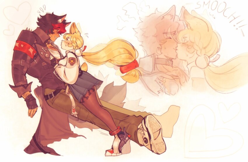 1boy, 1girl, afterimage, alice_thymefield, animal_ear_fluff, animal_ears, black_gloves, black_hair, black_jacket, blonde_hair, blush, brown_pantyhose, cargo_pants, closed_eyes, collar, commentary, dog_boy, dog_ears, english_commentary, eye_contact, fingerless_gloves, from_side, full_body, gloves, green_pants, green_skirt, hair_between_eyes, hair_ornament, hand_on_another's_chest, heart, hetero, highres, invisible_wall, jacket, kiss, komano_manato, long_hair, looking_at_another, low_twintails, motion_lines, multicolored_hair, muscular, muscular_male, pants, pantyhose, papertrlck, parted_lips, pectorals, portrait, rabbit_ears, rabbit_girl, rabbit_tail, red_eyes, red_hair, shirt, short_hair, shorts, skirt, sphere_hair_ornament, spiked_jacket, steam, sweatdrop, tail, tail_wagging, twintails, white_shirt, white_shorts, yellow_eyes, zenless_zone_zero