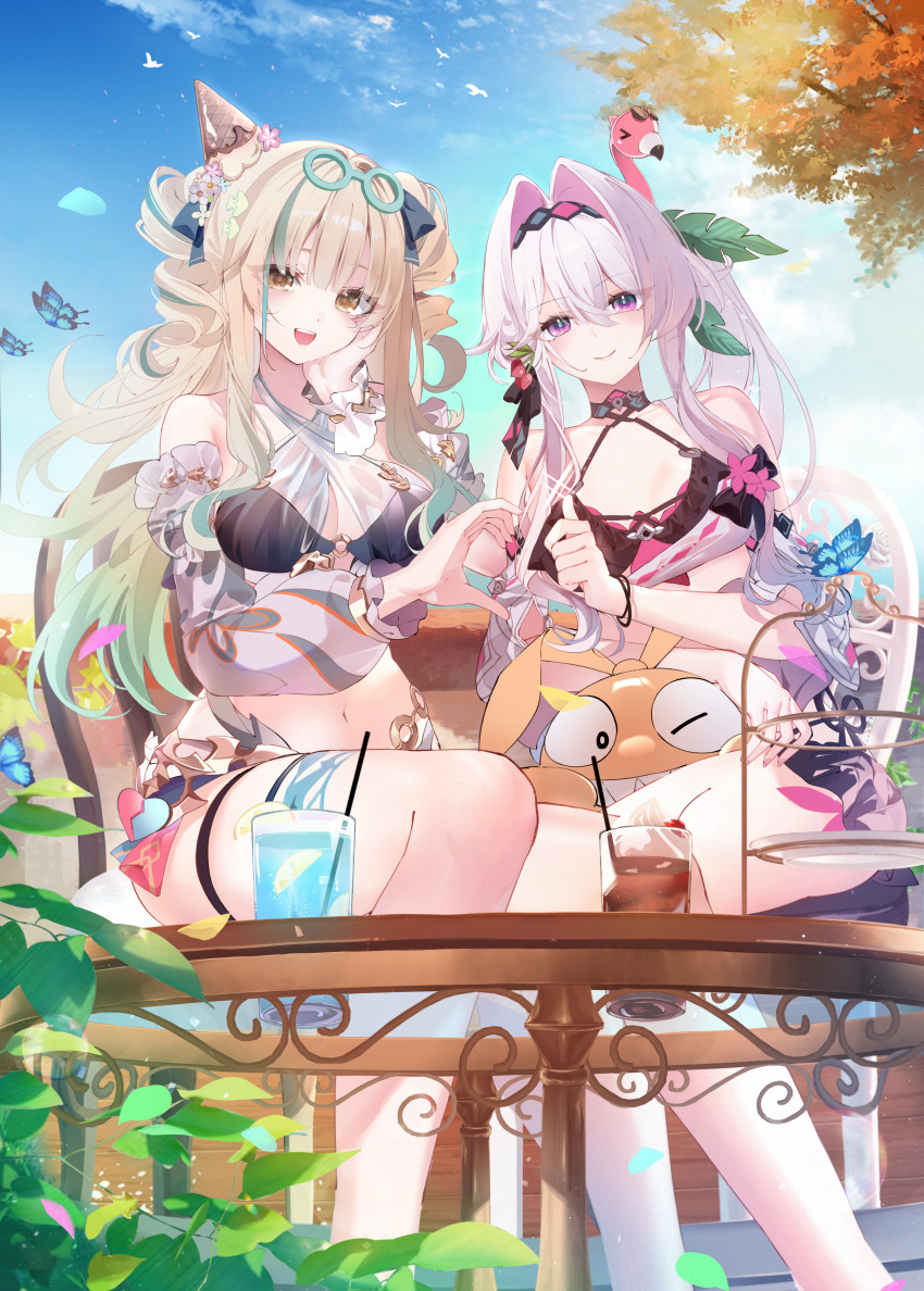 2girls, absurdres, bare_shoulders, bikini, black_bikini, blonde_hair, blue_sky, breasts