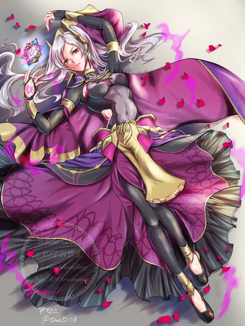 1girl, absurdres, black_leggings, bodystocking, breasts, bridal_gauntlets, cape, covered_navel, dark_persona, dragonstone, eyes_of_grima, female_robin_(fire_emblem), female_robin_(grima)_(fell_tactician)_(fire_emblem), female_robin_(grima)_(fire_emblem), fire_emblem, fire_emblem_awakening, fire_emblem_cipher, fire_emblem_heroes, glowing, hand_tattoo, highres, kinako_5108, leggings, long_hair, looking_at_viewer, lying, medium_breasts, navel, nintendo, official_alternate_costume, on_back, parted_lips, petals, purple_cape, red_eyes, see-through_cleavage, see-through_clothes, shoes, solo, tattoo, twintails, white_hair