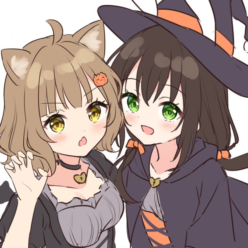 2girls, :d, ahoge, animal_ears, black_choker, black_cloak, black_hat, blush