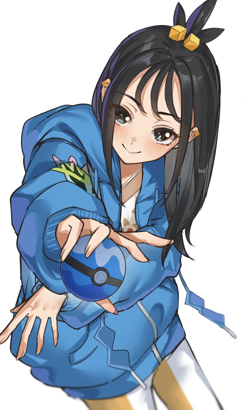 1girl, black_hair, blue_hoodie, blush, closed_mouth, cube_hair_ornament, dive_ball, earclip