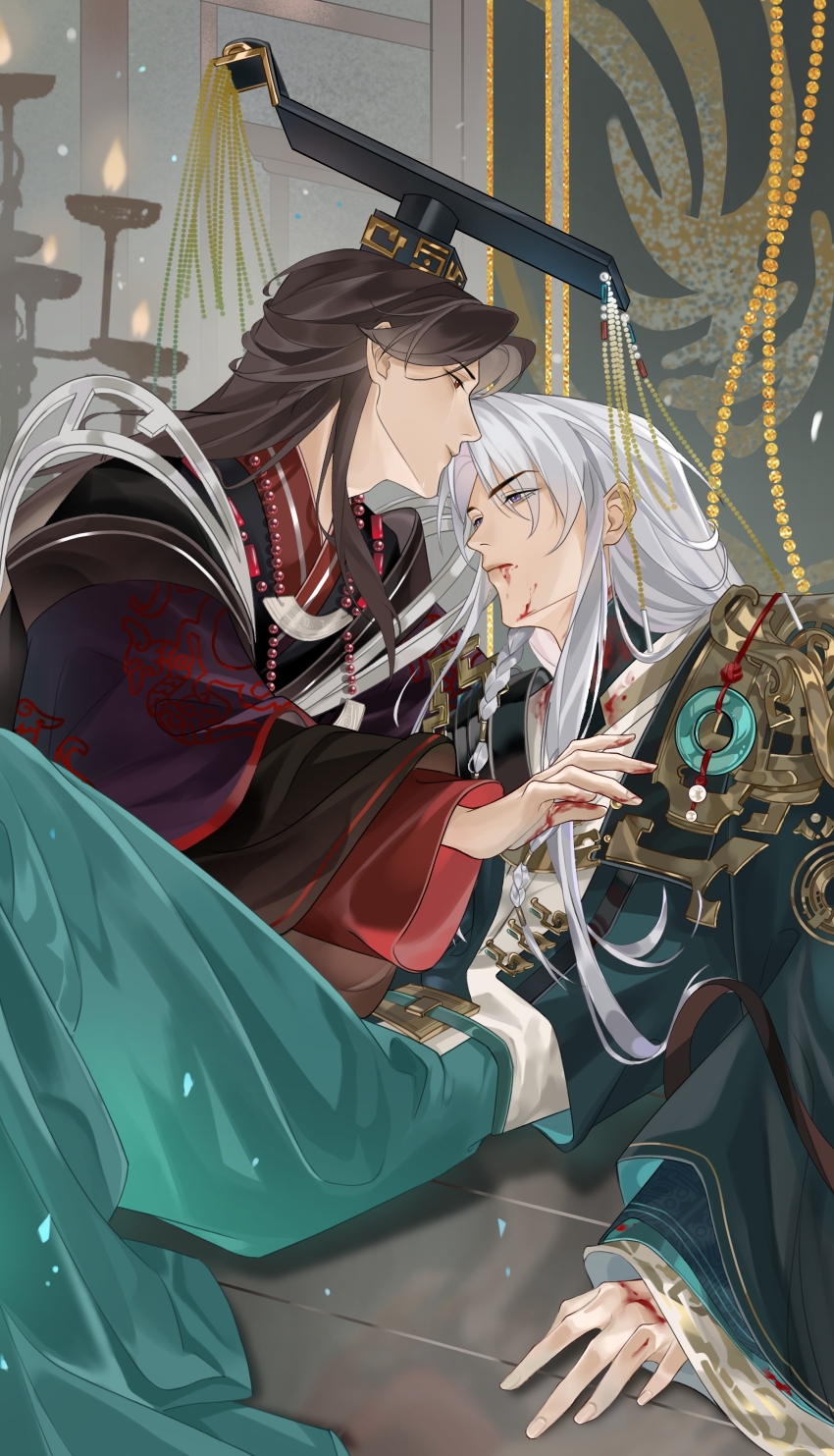 2boys, absurdres, aqua_hanfu, aqua_robe, armor, banner, bead_necklace, beads, black_hanfu, blood, blood_from_mouth, blood_on_clothes, blood_on_face, blood_on_hands, braid, brown_eyes, brown_hair, candle, candlestand, chinese_clothes, chinese_commentary, closed_mouth, crying, crying_with_eyes_open, curtained_hair, expressionless, feet_out_of_frame, from_side, frown, gongzi_xiyu, green_jacket, guan_hat, hanfu, highres, hua_yi_shanxin_zhiyue, indoors, jacket, jade_(gemstone), jewelry, lattice, layered_sleeves, ling_yan_ru, lips, long_hair, long_sleeves, male_focus, mian_guan, multiple_boys, multiple_necklaces, necklace, official_alternate_costume, on_floor, open_clothes, open_jacket, parted_bangs, plastron_(necklace), profile, purple_eyes, purple_shawl, reclining, red_hanfu, robe, shawl, shoulder_armor, shoulder_guard, side_braids, sitting, tears, the_prince_(hua_yi_shanxin_zhiyue), upper_body, white_hair, white_robe, wide_sleeves, yaoi
