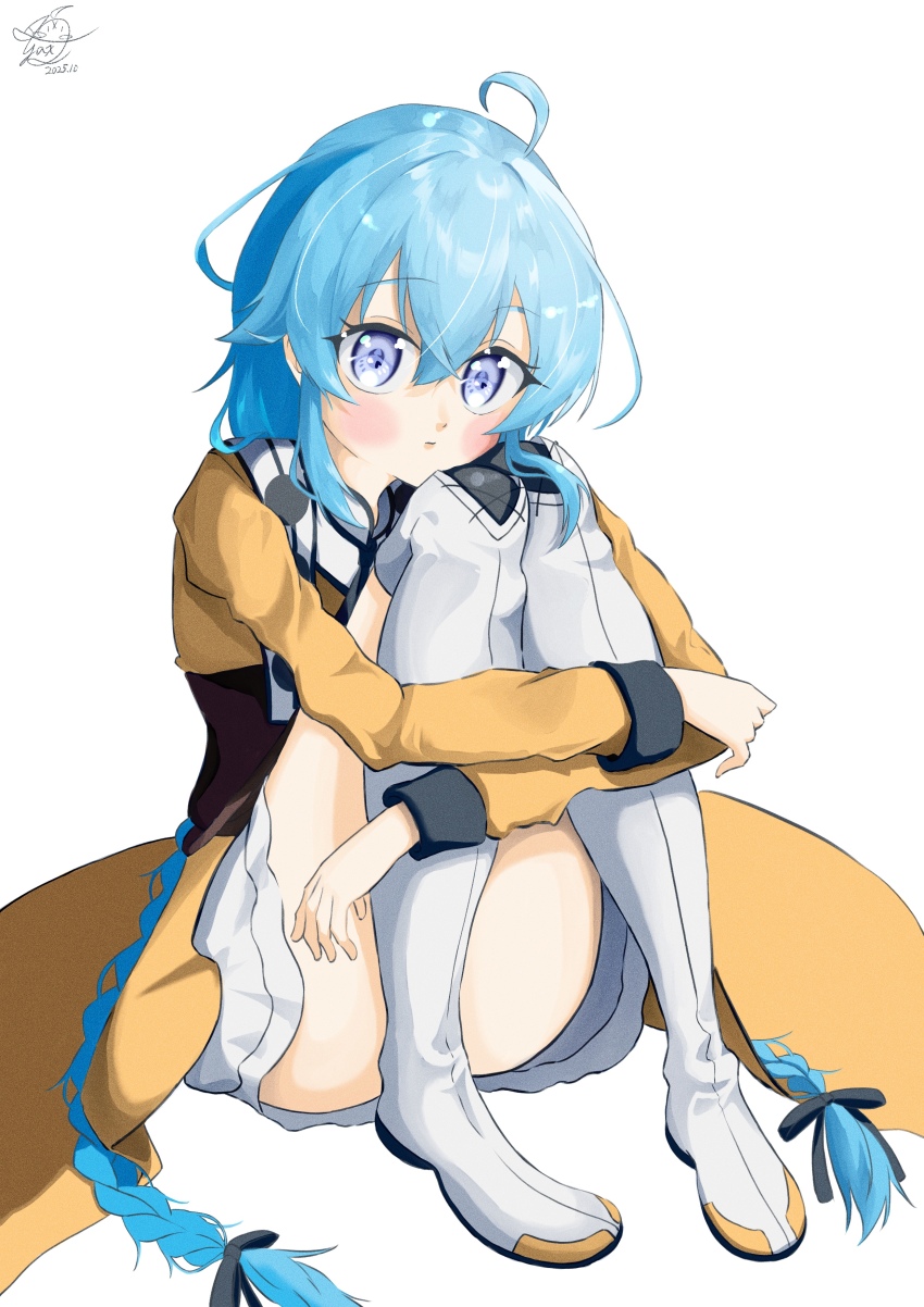 1girl, absurdres, ahoge, blue_eyes, blue_hair, blush, boots, braid, brown_robe, closed_mouth, convenient_leg, crossed_bangs, dated, dress, full_body, hair_between_eyes, head_rest, highres, hugging_own_legs, knees_up, long_braid, long_hair, long_sleeves, looking_at_viewer, mushoku_tensei, robe, roxy_migurdia, signature, simple_background, sitting, solo, thigh_boots, twin_braids, very_long_hair, white_background, white_boots, white_dress, yayax2