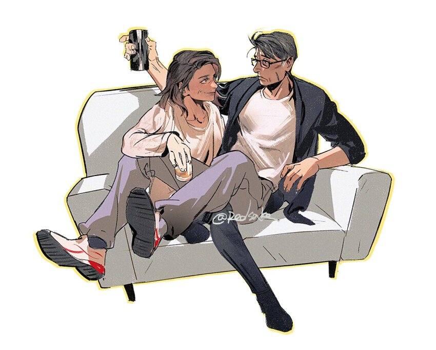 1boy, 1girl, black-framed_eyewear, black_pants, black_shoes, blue_jacket, brown_eyes, can