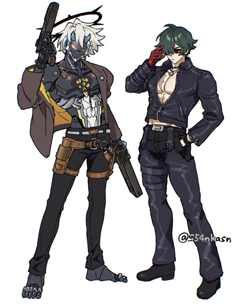 2boys, ahoge, artist_name, badge, barefoot, belt, billy_kid, black_jacket