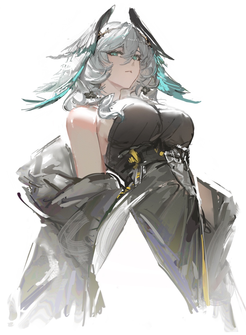 1girl, absurdres, aqua_eyes, aqua_feathers, aqua_wings, arknights, bare_arms, bare_shoulders