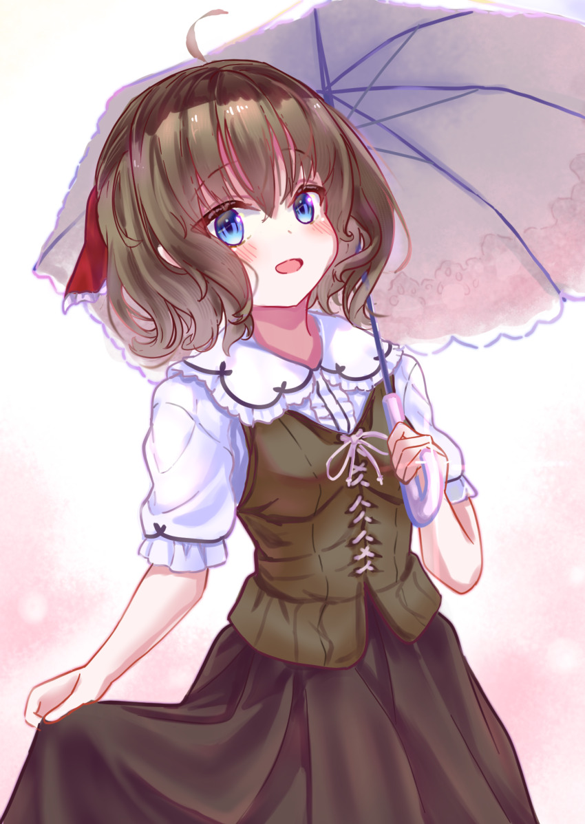 1girl, ahoge, amatsutsumi, blue_eyes, blush, brown_hair, brown_skirt, brown_vest, charcoa72170283, collared_shirt, commentary, highres, holding, holding_own_skirt, holding_umbrella, lace-trimmed_umbrella, long_skirt, looking_at_viewer, medium_hair, minazuki_hotaru_(amatsutsumi), open_mouth, parasol, shirt, short_sleeves, skirt, solo, standing, umbrella, vest, white_shirt, white_umbrella