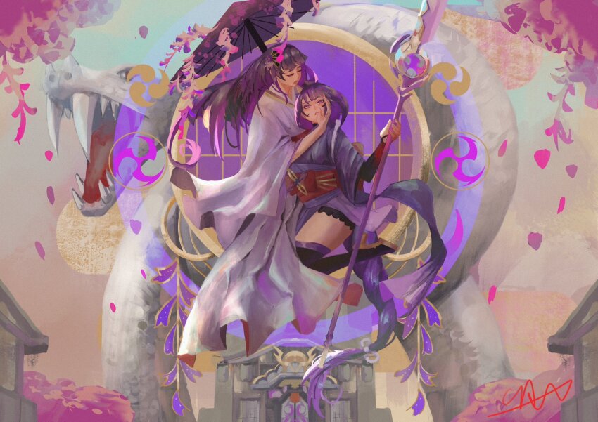 2girls, abstract_background, alternate_costume, architecture, artist_name, black_thighhighs, blunt_bangs, braid