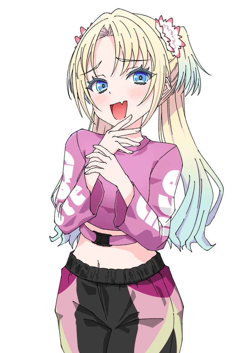 1girl, absurdres, blonde_hair, blue_eyes, blue_hair, buckle, commentary_request, cowboy_shot, curtained_hair, flower, hair_flower, hair_ornament, highres, kara_iroha, link!_like!_love_live!, long_sleeves, looking_at_viewer, love_live!, mesugaki, midriff, navel, official_alternate_costume, osawa_rurino, osawa_rurino_(winter_training_wear), pants, parted_bangs, pink_flower, pink_pants, pink_shirt, raised_inner_eyebrows, shirt, snap-fit_buckle, solo, twintails, virtual_youtuber