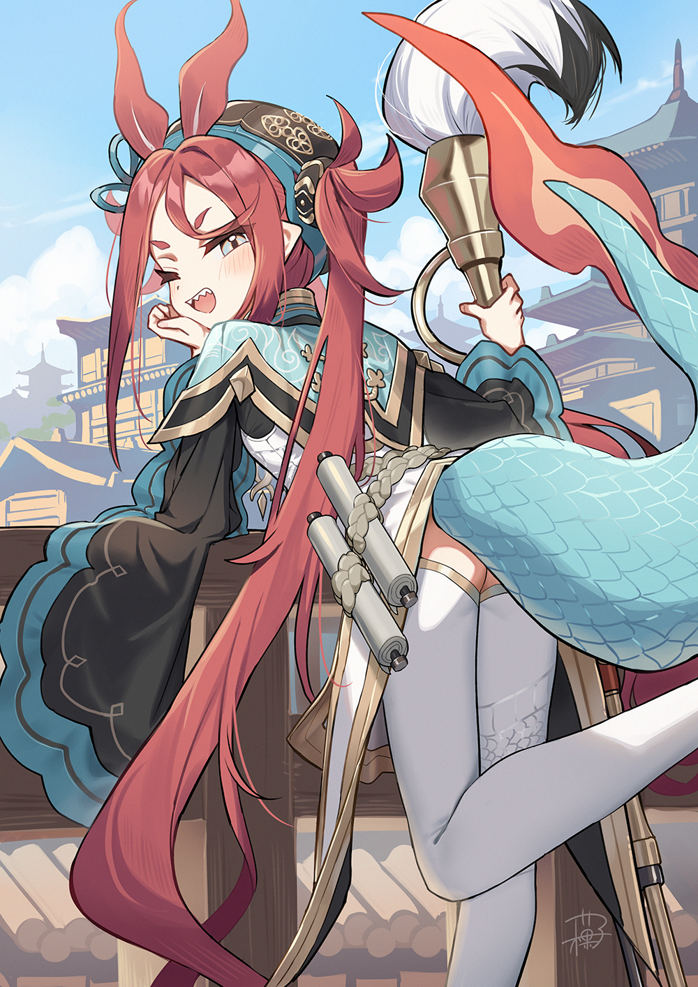 1girl, absurdly_long_hair, antenna_hair, aqua_shrug, architecture, black_sleeves, blue_sky, calligraphy_brush