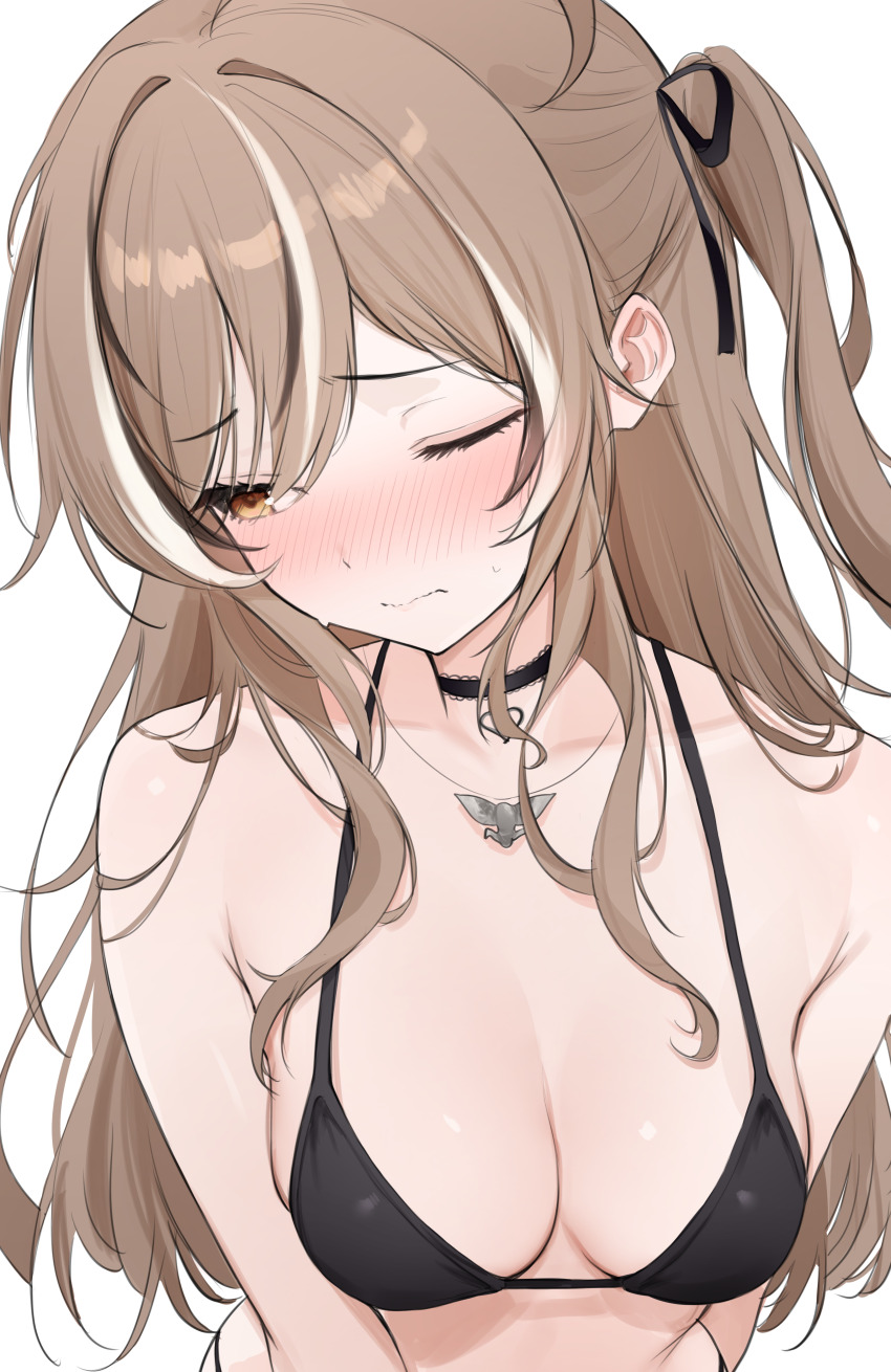 1girl, absurdres, ahoge, averting_eyes, bikini, black_bikini, black_choker, black_hair