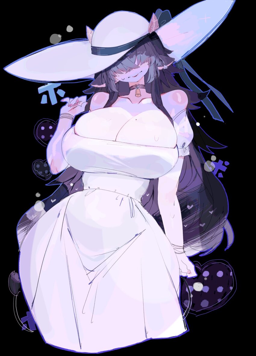 1girl, animal_ears, bare_shoulders, bell, black_background, black_choker, black_hair, breasts