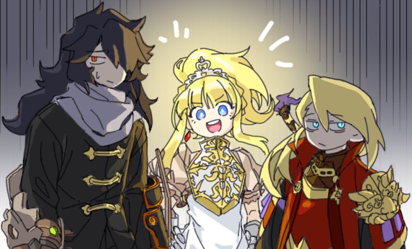 1girl, 2boys, alchemist_(sekaiju), alchemist_1_(sekaiju), armor, armored_dress, black_hair, blonde_hair