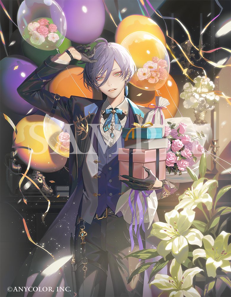 1boy, antenna_hair, balloon, black_gloves, black_jacket, black_pants, blue_bow, blue_bowtie