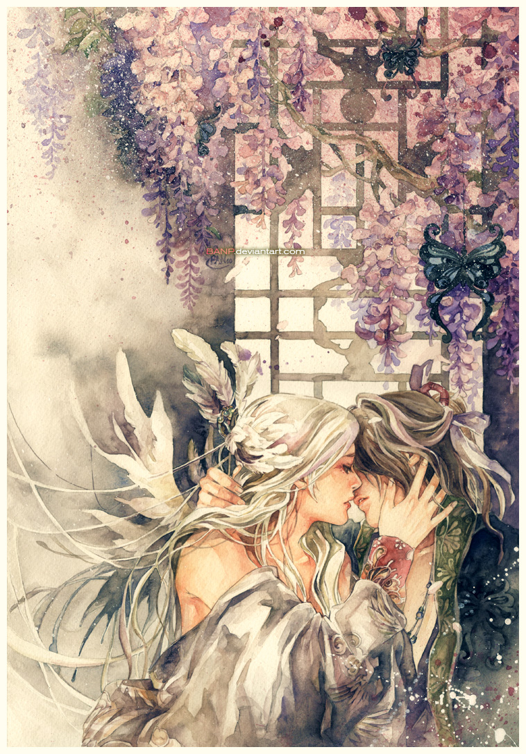 1boy, 1girl, bad_deviantart_id, bad_id, banp, black_hair, bug, butterfly, couple, feather_hair_ornament, feathers, flower, hair_ornament, hetero, imminent_kiss, insect, jewelry, long_hair, necklace, original, paint_splatter, painting_(medium), profile, traditional_media, watercolor_(medium), watermark, white_hair