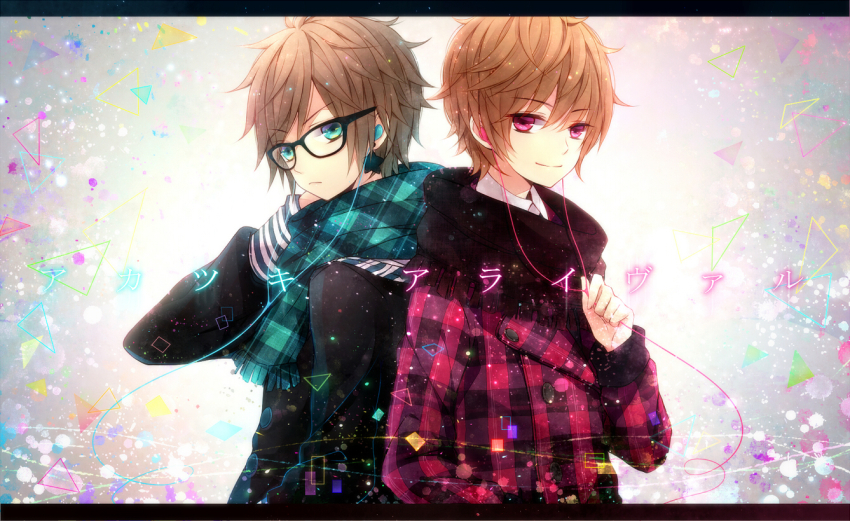 2boys, akatsuki_arrival_(vocaloid), amatsuki_(utaite), bad_id, bad_pixiv_id, black_jacket, blue_eyes, blue_scarf