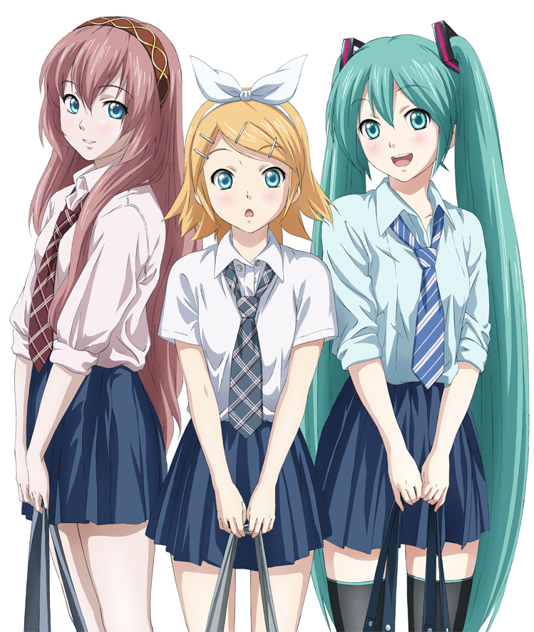 3girls, :d, :o, aqua_eyes, aqua_hair, bare_legs, black_legwear, blonde_hair