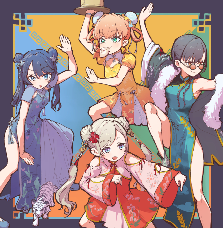 4girls, aqua_eyes, armpit_crease, bamboo_steamer, bare_shoulders, black_border, black_hair, black_jacket