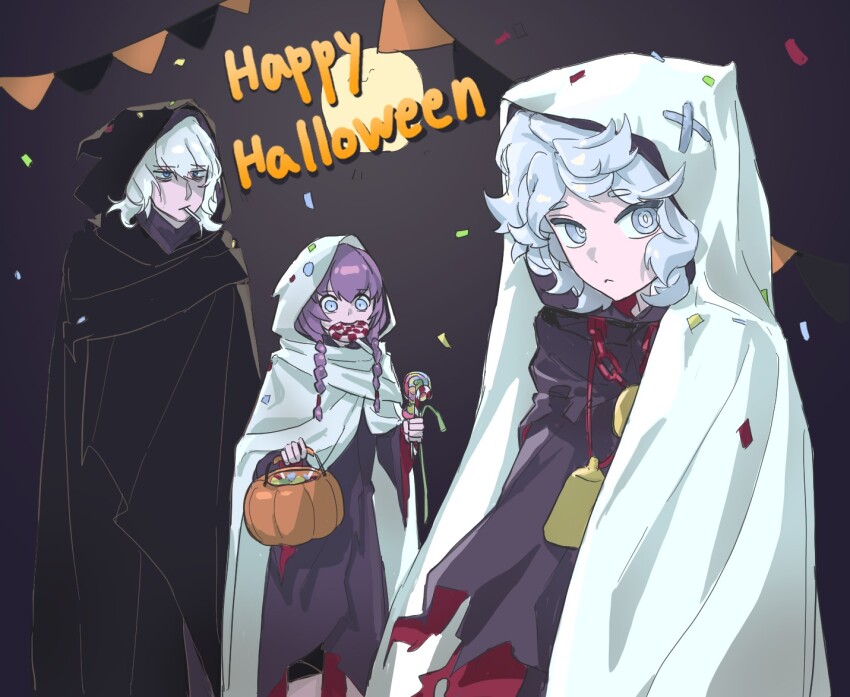 1boy, 2girls, blue_eyes, blue_hair, bucket, candy, chain, cloak