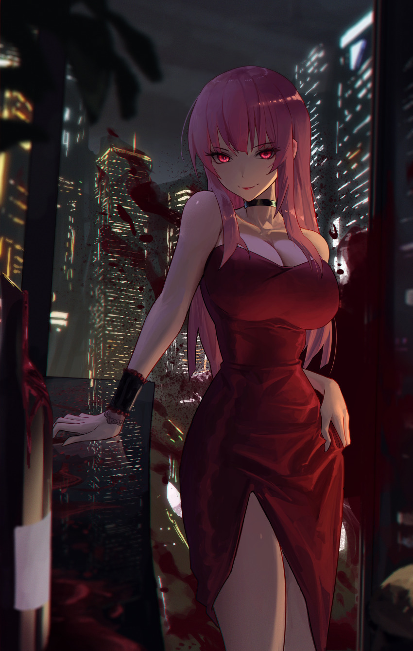1girl, absurdres, black_choker, blood_on_window, bottle, breasts, building, choker